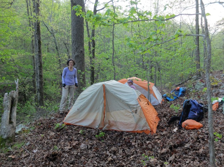 Pam and Deb setting up camp