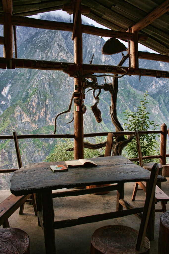View of the Jade Dragon Snow Mountains from the veranda at the Halfway House