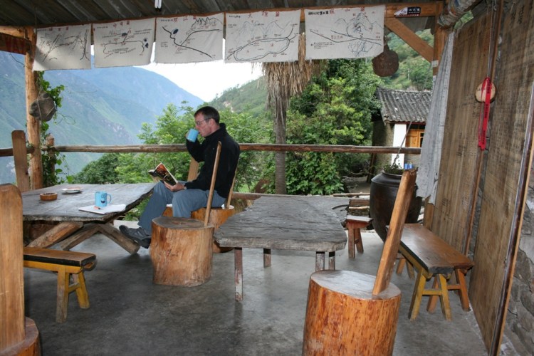Bill enjoys coffee on the terrace at the Halfway House